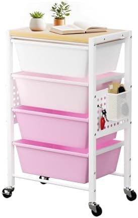 Rolling Cart with 4 Drawers, Plastic Drawer Storage Carts with Wheels & Wooden Tabletop, Metal Utility Cart with Pegboards, Office Living Room Classroom Craft Organization and Storage, Bright Pink
