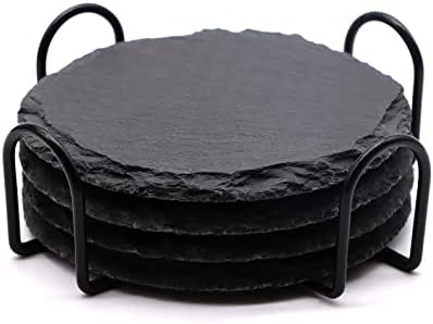 4 PCS Round Slate Drink Coasters Set, SIJDIEE 4 Inch Laser Engraving Black Slate Stone Coasters with Anti-Scratch Bottom and Coaster Holder for Office Bar Kitchen Home Dinner Table Decor Supplies