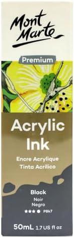 Mont Marte Acrylic Ink Premium 50ml - Black, Acrylic Inks for Artists, Fluoro Colors, Ideal for Air Brush, Pouring Art, Scrapbooking, Ink Drawing, Mixed Media