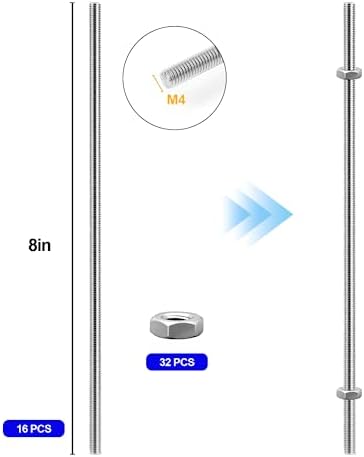 M4 Threaded Rod with Hex Nuts, 8 Inch Stainless for Hangers