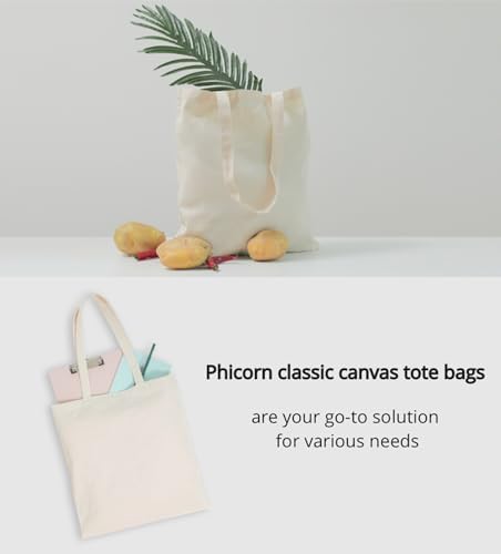 Phicorn Canvas Tote Bags, 15 x 16 in, 8 oz Cotton Blank | Long handles and reinforced stitching; blank cotton canvas for crafts, gifts, shopping, events, and everyday carrying