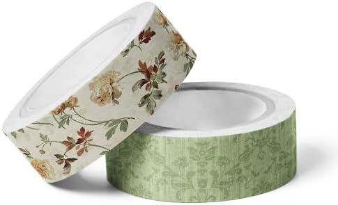 12 Pcs Green Floral Washi Tape Vintage Flower Pattern Masking Tape Decorations Green Floral Decorative Paper Sticker for Vintage Spring DIY Craft Gift Wrapping