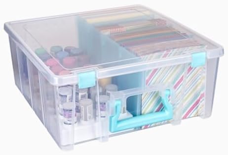 ArtBin 6990SA Super Satchel Double Deep with Removable Dividers, Large Portable Art & Craft Storage with Handle, Translucent/Aqua Mist