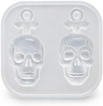 Gothic Bat Top Faceted Skull Silicone Resin Mold with Pre-Made Hanging Hole, 2 Cavity Skull Pendant Epoxy Mold, DIY Jewelry Charm Casting Supplies for Halloween & Christmas Crafts (KL05)