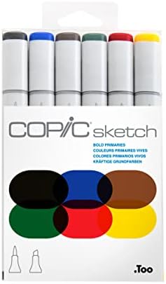 Copic Sketch Alcohol Markers, 6 Color Dual Tip Art Marker Set – Blendable Brush Tips for Drawing, Sketching, and Illustration – Professional Set for Adults/Teen Artists & Creators - Bold Primaries