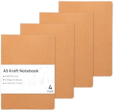 4 Pack Blank Kraft Notebooks, 8.3x5.5 Inches A5 Small Journals Bulk Blank Notebooks 80 Gsm Unlined with 60 Pages A5 Subject Notebooks Traveler Journal Set for Adult Students Back to School Supplies
