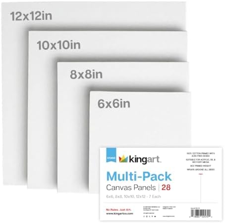 KINGART White Canvas Panel Set – Square Assortment, 28-Pack – 100% Cotton, Triple Gesso Primed Artist Boards for Acrylic, Oil, Sketching, & Mixed Media Painting