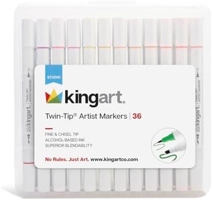 KINGART Dual Tip Alcohol Based Art Markers, 36 Colors Permanent Marker Pens Highlighters with Case Perfect for Illustration Adult Coloring Sketching and Card Making