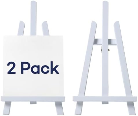 Artkey White Wooden Display Easel Stand, 13 Inch Folding Tabletop A-Frame Mini Easels for Canvas, Photos, Wedding Signs & Menus, Solid Radiata Pine Wood, 2 Pack