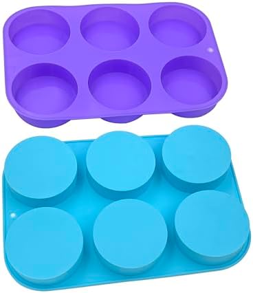 4oz Round Silicone Soap Mold, 3 Inch Big Size 6 Cylinder Silicone Molds for Loofah Soap, Homemade Bath Bombs, Lotion Bars Pack of 2, Purple, Blue