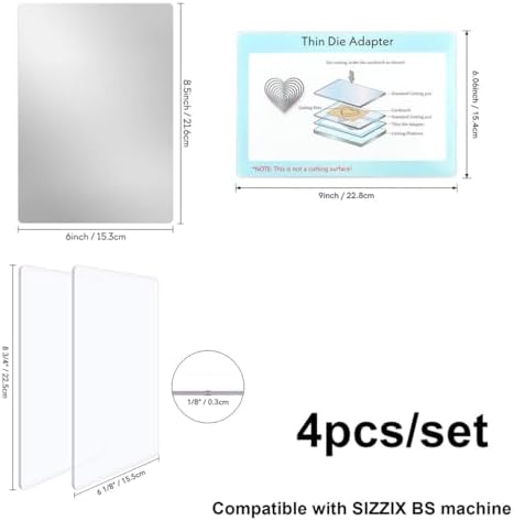 4Pcs/Sets Standard Cutting Plate Sets, 2 Clear Cutting Pads & 1 Stainless Metal Shim 1 Standard Adapter Pad for Die-Cutting Machine, Clear Polycarbonate Plastic CuttingPlates for Embossing Crafting