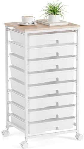 TOOLF Rolling Storage Cart with 8 Drawers,White | Utility Cart on Wheels with Wooden Tabletop,Teacher Organization for Classroom, Art Cart for Office,Bedroom,Craft Room