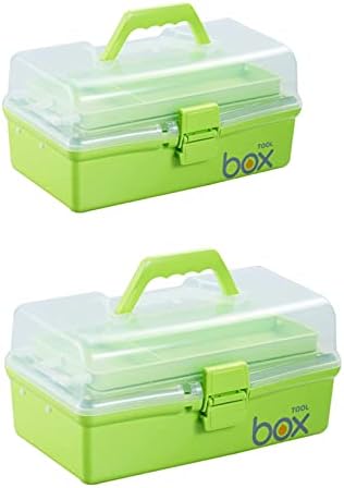 Kinsorcai 2PCS 12'' Three-Layer Clear Plastic Storage Box/Tool Box, Multipurpose Organizer and Portable Handled Storage Case for Art Craft and Cosmetic (Green)