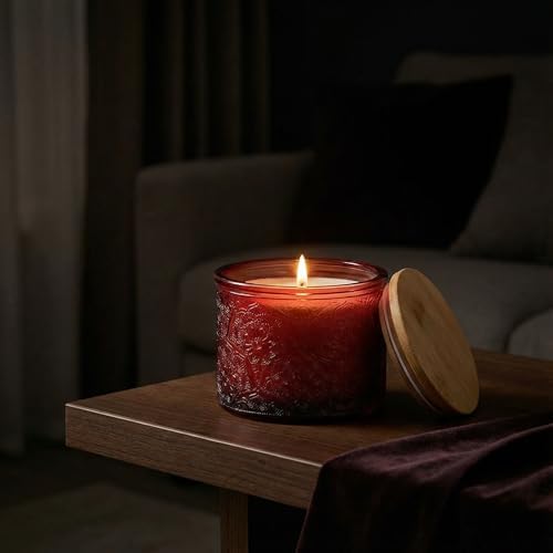 10 oz Red Mandala Glass Candle Jars with Bamboo Lids, 9 Pack