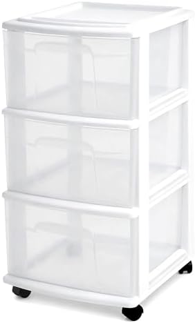 HOMZ Drawer Tower, 3-Tier Storage Cart with Removable Wheels, White Frame
