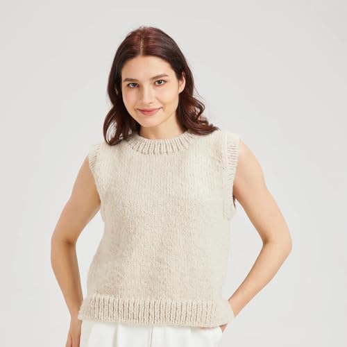 Chic Loops Knitting Kit for Beginners, Knitted Sweater Beginner Crochet Kit for Adults, Crochet Women's Round Neck Sleeveless Pullover Vest with Instruction(Birch,SA)