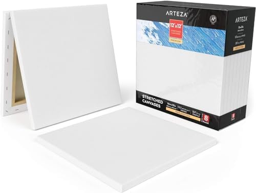 ARTEZA Premium Stretched Canvas, 12 x 12 Inches, Pack of 8, Blank White Square Canvas Boards for Acrylic, Oil and Gouache Painting