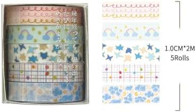 Cute Pattern Washi Tape Set 5 Rolls Glitter Cover Decorative Wide Kawaii Masking Tapes for Arts, DIY Crafts, Journals, Planners, Scrapbook, Wrapping (5 Soft Rainbow)
