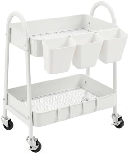 danpinera 2-Tier Rolling Cart, Utility Cart Mobile Metal Rolling Storage Cart with Lockable Wheels & Hanging Cups & Hooks for Kitchen, Bathroom, Office, Workshop, Purple