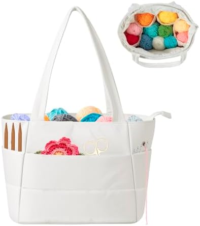 Crochet Bag for Yarn Storage, Puffer Knitting Bag with Soft Handles, Lightweight Yarn Storage Organizer with Zipper for Crochet Accessories, Gifts for Crocheters (Beige)