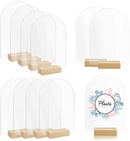 Bercoor 10 Pack 5x7 Inch Blank Clear Arch Acrylic Sign with Wooden Stands, Arched Round Top Acrylic Sheet, DIY Acrylic Arch Table Numbers for DIY Name Card Gifts Event Party Sign Decoration
