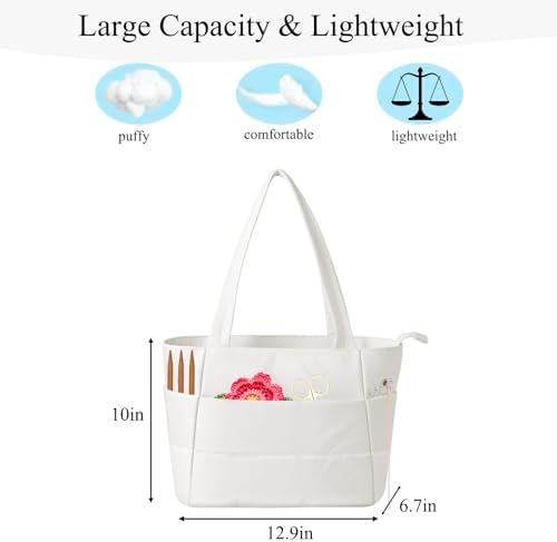Crochet Bag for Yarn Storage, Puffer Knitting Bag with Soft Handles, Lightweight Yarn Storage Organizer with Zipper for Crochet Accessories, Gifts for Crocheters (Beige)