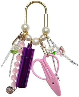 MEYAGO Needlepoint Bag Charm Tool Kit with Mini Embroidery Scissors, Needle Threader, Needle Holder Tube & Gold Keyring, Portable Embroidery Accessories for Cross Stitch Sewing DIY Crafts (Pink)