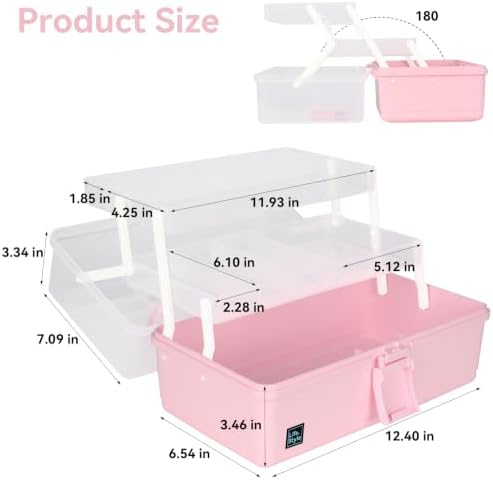 WEWLINE Hair Accessories Organizer 13-Inch Art Supply Bin Sewing Box 3-Layers Craft Storage Organizer with Handle Pink Tool Tackle Box Storage Great Gift for Kids