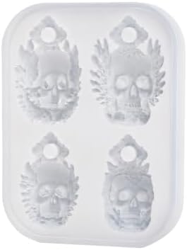 4 Cavity Winged Embossed Skull Pendant Silicone Mold with Hanging Hole, Gothic Epoxy Resin Casting Mould for DIY Necklace Charm Halloween Christmas Jewelry Making (KL03)