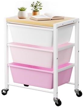 Rolling Cart with 3 Drawers, Plastic Drawer Storage Carts with Lockable Wheels & Wooden Tabletop, Metal Utility Cart Organizer, Office Bedroom Classroom Craft Organization and Storage, Bright Pink