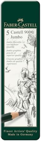 Faber-Castell 5 Piece Quality Castell 9000 Jumbo Graphite Pencils in a Tin, Including HB, 2B, 4B, 6B and 8B,Black