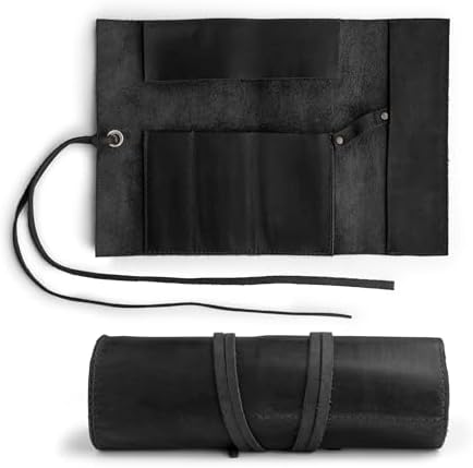 Hide & Drink, Rustic Pencil Roll Pouch, Multi-Purpose Storage Wrap for Scissors, Earphones, Organizer for Craft, Full Grain Leather, Handmade, Charcoal Black