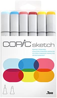 Copic Sketch, Alcohol Markers, 6 Colors Dual Brush Tip Art Marker for Adults, Blendable Sketch Markers for Coloring Drawing & Illustration Art - Perfect Primaries