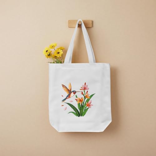 ERKOON Embroidery Canvas Tote Bag for Beginners, Needlepoint Arts Crafts Cross Stitch Kits for Adults Including Stamped Embroidery Bag with Hoops, Needle, Instruction and Color Threads (Hummingbird)