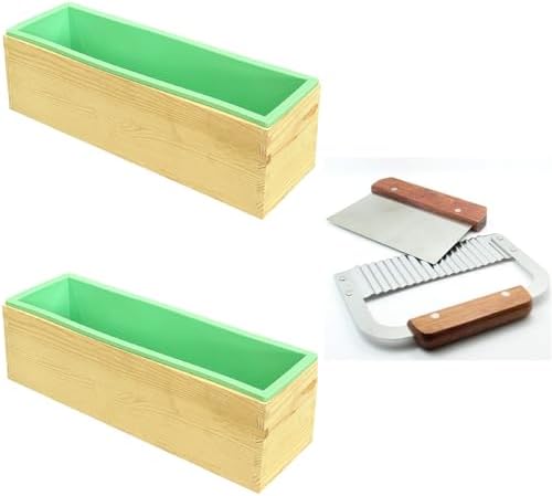 2Pcs Soap Silicone Mold Wood Box with 2Pcs Soap Mold Cutter,Green