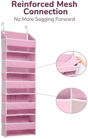 ULG 1 Pack Over Door Organizer with 5 Large Pockets 10 Mesh Side Pockets, 44 lbs Weight Capacity Hanging Storage Organizer with Clear Window Kids Toys, Shoes, Diapers, Pink
