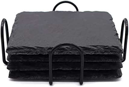 4 Pack 4 Inch Square Black Slate Coasters Set with Storage Holder