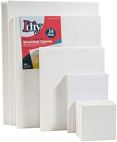 iDIY Stretched Canvas Board Multi Pack (Set of 14) - Sizes 4 x 4-12 x 16, 5/8" Variety Pack - Classic White Blank, Pre Primed for Oils or Acrylics, 100% Cotton, Acid Free - Professional Grade