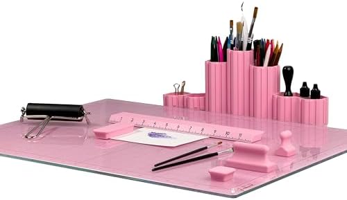 GLASSBOARD STUDIO Glass Craft Mat - Magnetic, Heat & Scratch Resistant - For Crafting, Cutting, Painting, Mixed Media Artwork - Grid Lines, Non-Slip Rubber Feet (Blush 18"L x 24"W)