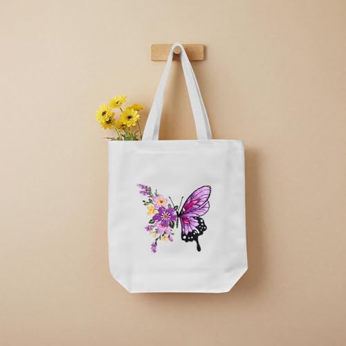 ERKOON Embroidery Canvas Tote Bag for Beginners, Needlepoint Arts Crafts Cross Stitch Kits for Adults Including Stamped Embroidery Bag with Hoops, Needle, Instruction and Color Threads (Butterfly)