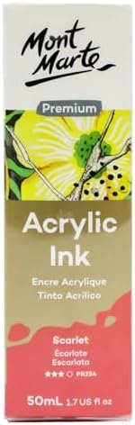 Mont Marte Acrylic Ink Premium 50ml - Scarlet, Acrylic Inks for Artists, Fluoro Colors, Ideal for Air Brush, Pouring Art, Scrapbooking, Ink Drawing, Mixed Media