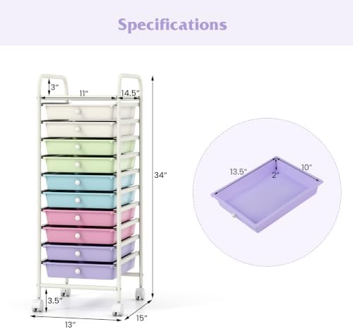 COSTWAY 10-Drawer Rolling Storage Cart, Ice Cream Colorful