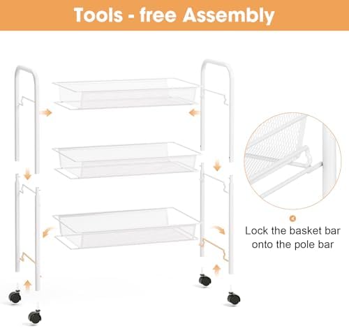 TOOLF 3 Tier Rolling Cart, Metal Utility Storage Cart with Wheels, White | 3 Hooks, Screwless Assembly, Trolley Organizer for Bathroom, Kitchen, Office, Nursery, Dorm, Laundry Room