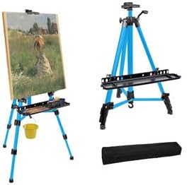 Easel for Painting, Portable & Foldable Easels Stand, Height-Adjustable 22'' to 62'', Equipped with Tray, Water Bucket Hook, Spirit Level, Compass & Carrying Bag for Art Display,Travel - Blue