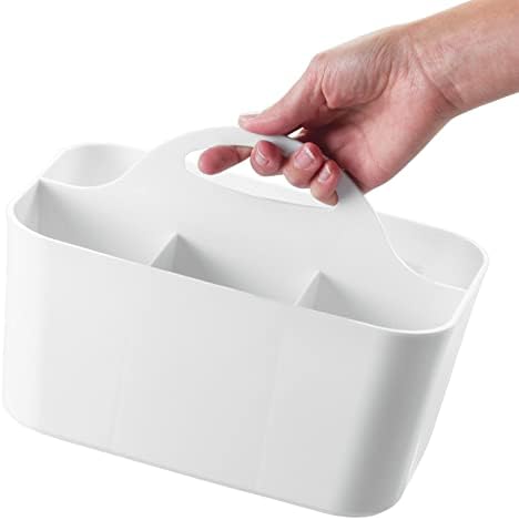 mDesign Plastic Portable Craft Storage Organizer Caddy Tote, Divided Basket Bin w/Handle - Craft, Sewing, Art Supplies - Holds Brushes, Colored Pencils - Lumiere Collection - White, 2 Pack