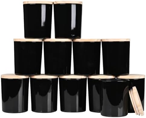 Thick Candle Jars for Making Candles 12 Pcs, 7 OZ Empty Jars with Wood Lids for Candle Making, Sample Container, Glossy Black