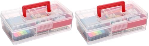 JUXYES Plastic Fishing Tackle Box Organizer with Removable Dividers, Clear Fishing Tackle Storage Boxes with Handle, 2 Layer Fishing Tackle Tray Box Lure Box, Red (Pack of 2)
