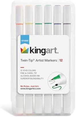 KINGART Studio Twin-Tip™ Permanent Alcohol-Based Sketch Markers, Storage/Travel Case, Set of 12 Unique Colors