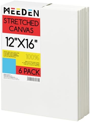 MEEDEN Stretched Canvas, 12 × 16 Inch, Pack of 6, Blank White Canvases for Painting, 100% Cotton, 13 oz Gesso-Primed, Pre-Stretched Canvas for Acrylic Oil Pouring & Airbrushing Painting