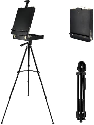 Black French Style Easel Sketch Box with Aluminum Tripod | Lightweight Black Aluminum Tripod, Adjustable Portable Plein Air Easel for Outdoor Painting, Sketching & Painting